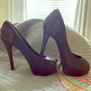 Black and Gold Peep Toe Stilettos